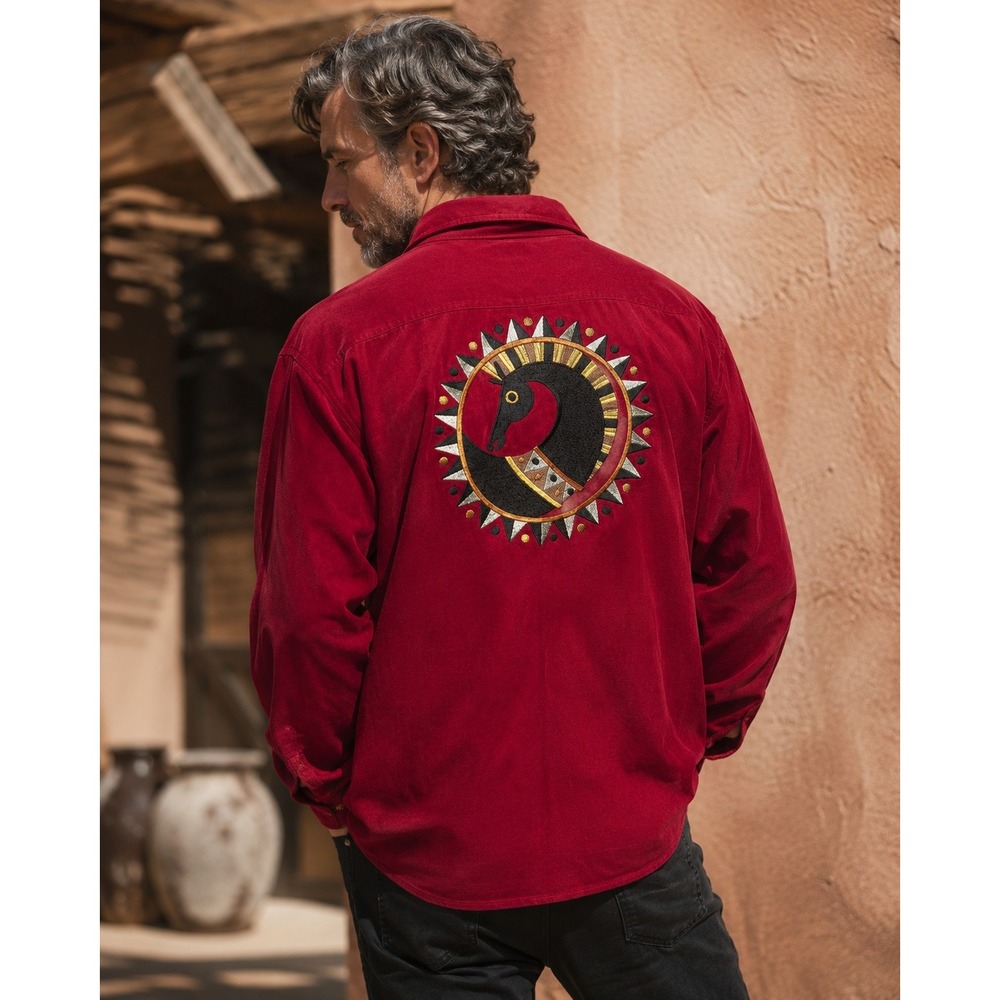 Bob Mackie‎ Wearable Art Mens Red Embroidered Horse Zip Up Shirt Jacket 1X